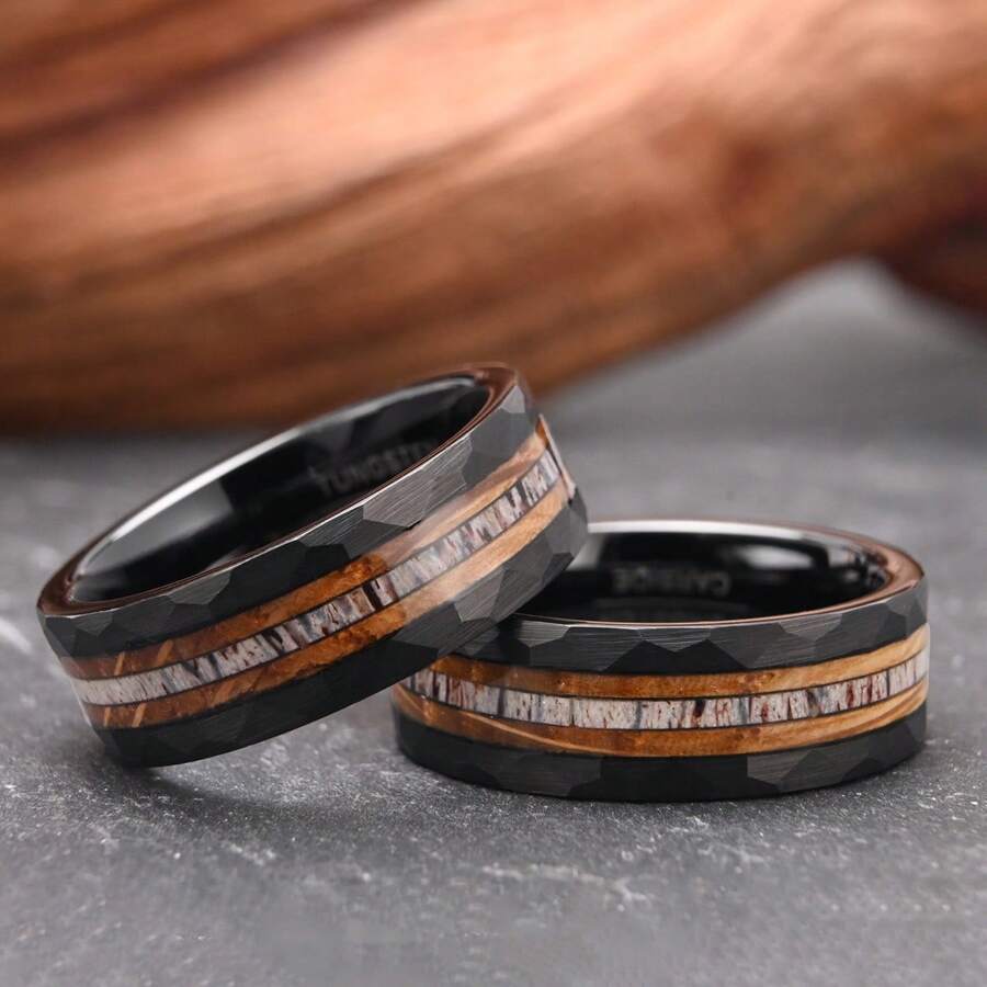 时尚欧美风格男士不锈钢戒指，激光雕刻木镶嵌，复古自然设计