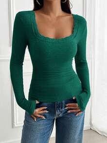 Womens Long Sleeve Tops Fall Lace U Neck Slim Fitted Knitted Tops Blouse Going Out Shirts