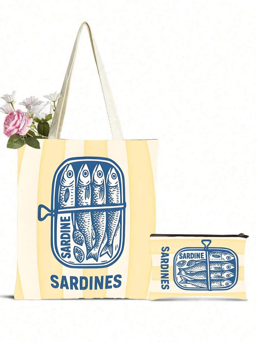 1PC Women's Reusable Tote Bag, Handbag And Cosmetic Bag Set - Colorful Minimalist Pink And Green Striped Sardines Can Print Polyester Shopping Bag, Fixed Shoulder Strap Design, Suitable For Beach, Picnic, Grocery And Food Storage, Foldable Tote Bag, Multi-Function, Multi-Purpose, Large Capacity, - Multicolor - View 1