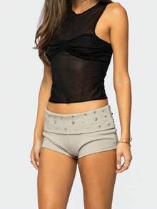 Women Y2K Studded Foldover Micro Shorts Vintage Low Waist Slim Fit Mini Shorts Summer Boxer Short Party Clubwear - 米色 - 查看 2