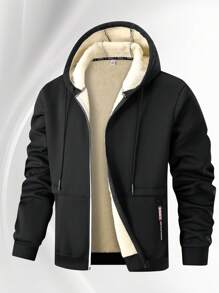 A Men's Casual Polyester Hooded Jacket With Long Sleeves, Low Elasticity, Open Hem, Zipper Closure, Regular Style, Autumn And Winter Coat, Thick Version