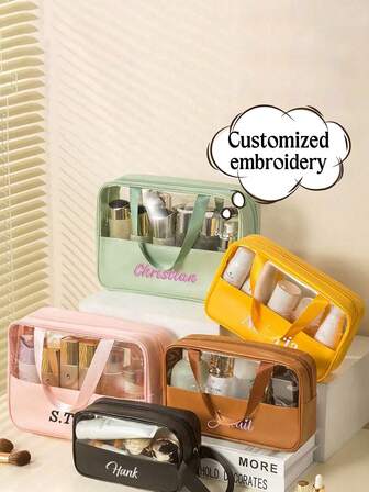 Bolsa de maquillaje bordada personalizable, bolsa de tocador de gran capacidad semitraslúcida de PVC, bolsa de viaje impermeable de PU, adecuada para aniversario, cumpleaños, Día de la Madre, Día del Padre, amigos, regalos para mamá/papá, ella/él, novia/novio, casual en casa, vacaciones de verano, playa