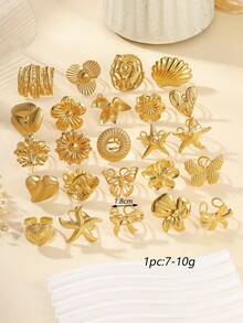 6pcs Gold Stainless Steel 3D Flower, Starfish, Bow, Heart Shaped Decor Set, Suitable For Women's Daily Decoration Or Gifts, Random Style Shipped, Box Not Included