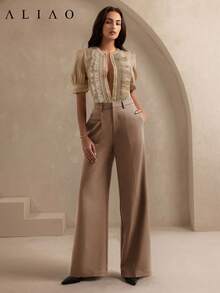 Aliao 精致蕾丝边透视薄纱立领荷叶边优雅泡泡袖衬衫，Old Money - 卡其色 - 查看 6