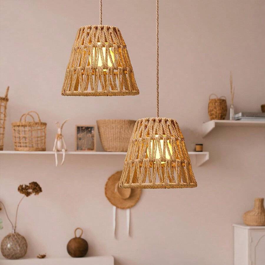 1pc/2pcs Handmade Woven Rattan Lamp Shade, Rattan Bell Lamp Shade, Suitable For Table Lamp, Pendant Light Fixtures, Easy Installation