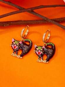 1 对万圣节节日水钻猫耳环，适合节日佩戴，最佳礼物选择 [水钻颜色随机]