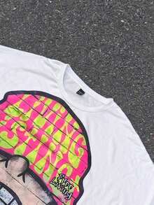 Manfinity Streetrush Men Vacation Round Neck Funny Graphic Short-Sleeved T-Shirt, Oversized Cartoon Head Pattern, Ins Street Loose Top, Boyfriend Gift - 白色 - 查看 4