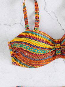 Women's Two Pieces Swimwear Set, Retro Print, High Stretch Knit Fabric, Polyester 82% & Elastane 18%, Geometric Pattern, Drawstring Design, 195gsm Top, 130gsm Lining, Summer Beachwear - Multicolor - View 6