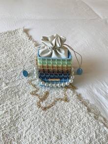 Fashionable New Mini Colorful Striped Shoulder Bag, Casual Woven Pearl Hardware Decoration Handbag, Exquisite And Versatile Drawstring Women's Crossbody Bag, Suitable For Shopping, Wallets, Shopping, Young Women, College Students, Newcomers, And White-Collar Workers. They Are Very Suitable For Offices, Universities, Work, Business, Commuting, Outdoor Activities, Travel, And Outings - Multicolor - View 6