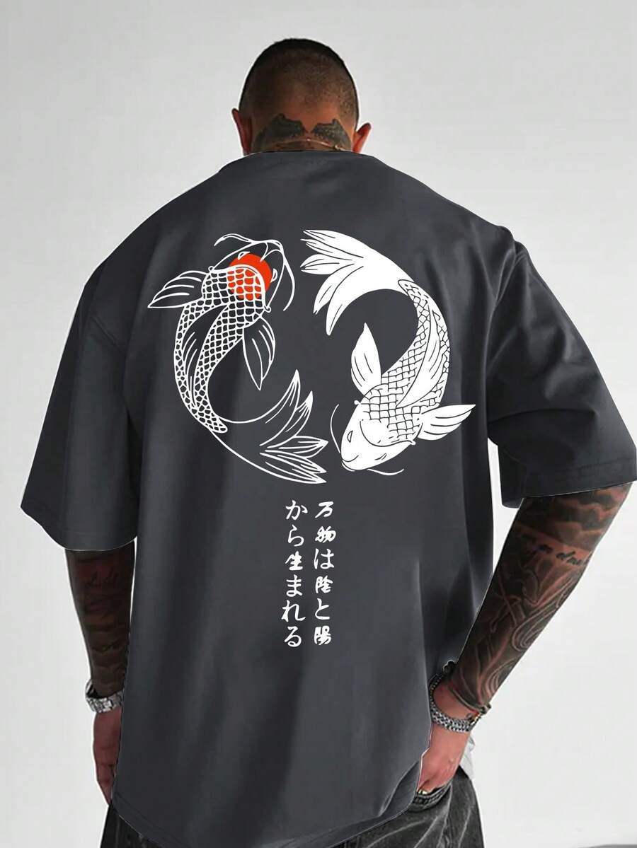 大码男士夏季休闲T恤,带日本锦鲤图案印花,圆领短袖 - 灰色 - 查看 1