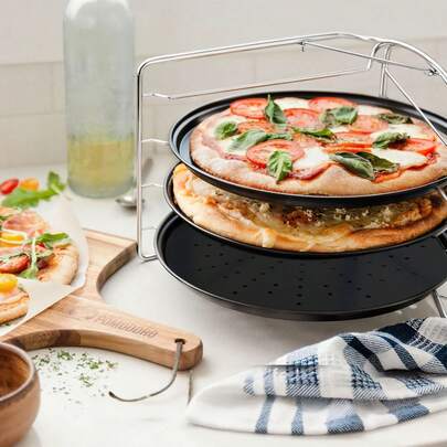 4-teilig  Pizzablech mit Ständer rund ( Ø 32 cm) Pizzabäcker-Set (Blech rundes Pizzabackblech), mit 4 Backblechen und Ständer als Pizza-Backblech und Flammkuchen