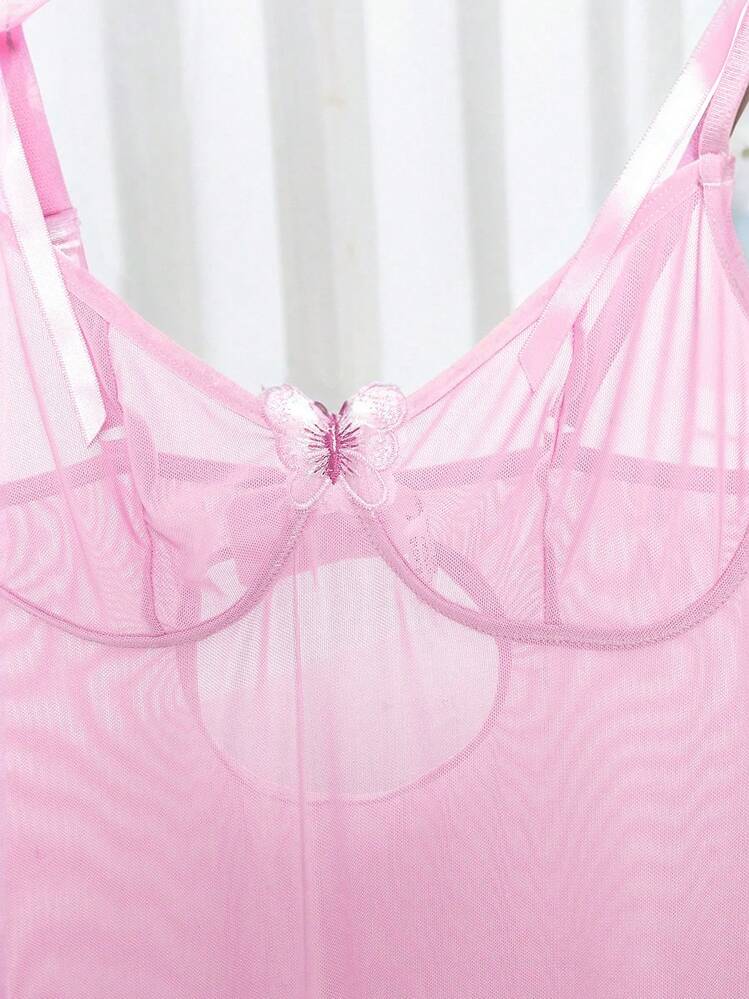 Women's 2-Piece Seductive Semi-Sheer Soft Mesh Slit Dress With Delicate Bow Halter And Butterfly Embellishment Detail, Cool Material, Perfect For Summer Holiday Lingerie And Dresses - 粉色 - 查看 6