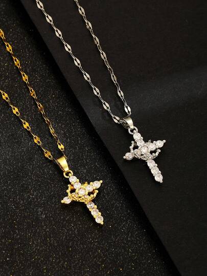 1 chiếc vòng cổ mặt dây chuyền bằng thép không gỉ sáng bóng hình vương miện vàng hình thánh giá bằng đồng và zirconia thích hợp cho các bữa tiệc thời trang đường phố của phụ nữ, trang sức tôn giáo, quà tặng Cơ đốc giáo, trang sức vàng