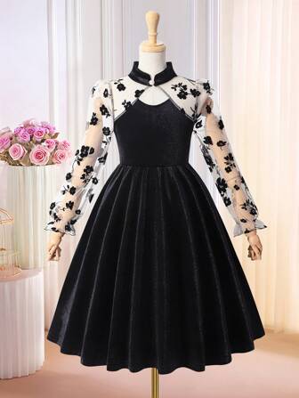 秋季少女优雅花卉刺绣网眼长袖天鹅绒连衣裙，适合派对和生日