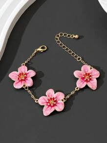 1pc Summer Vacation Style Elegant Pink Oil Drop Flower Shaped Women's Five-Leaf Bracelet, Wedding Gift