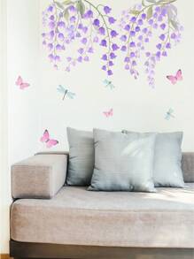 2 件紫色花卉藤蔓和蝴蝶墙贴，装饰性自粘壁画，适用于客厅、入口、卧室