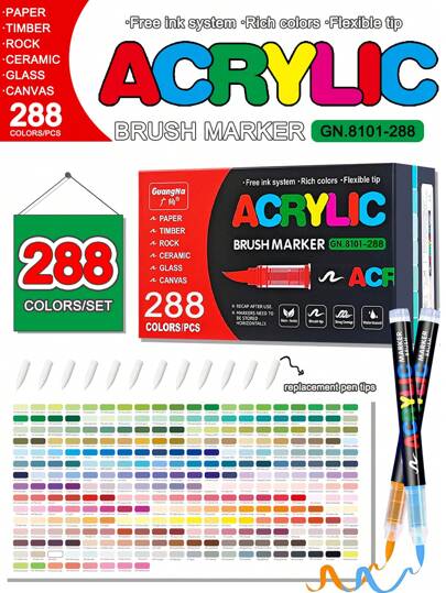 GuangNa 288/240/168/120 couleurs Stylos marqueurs acryliques liquides directs, pour utilisation par les étudiants, art professionnel, dessin, couleurs douces, marqueurs à tête souple, pour papier, empilables, graffitis DIY, livres de coloriage, peut dessiner sur verre, pierre, peinture corporelle imperméable, cadeau de Noël