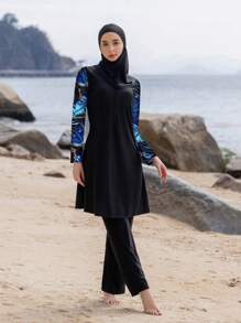 Set de 3 piezas Traje de Body entero de manga larga, pantalones y cobertor de cabeza para mujer musulmana, traje de baño de estilo conservador para el verano