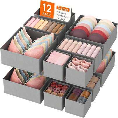 12 件装抽屉整理器、梳妆台内衣抽屉整理器、可折叠布艺衣柜整理器、储物抽屉隔板、宿舍必需品衣服、袜子、毛巾、领带浅灰色