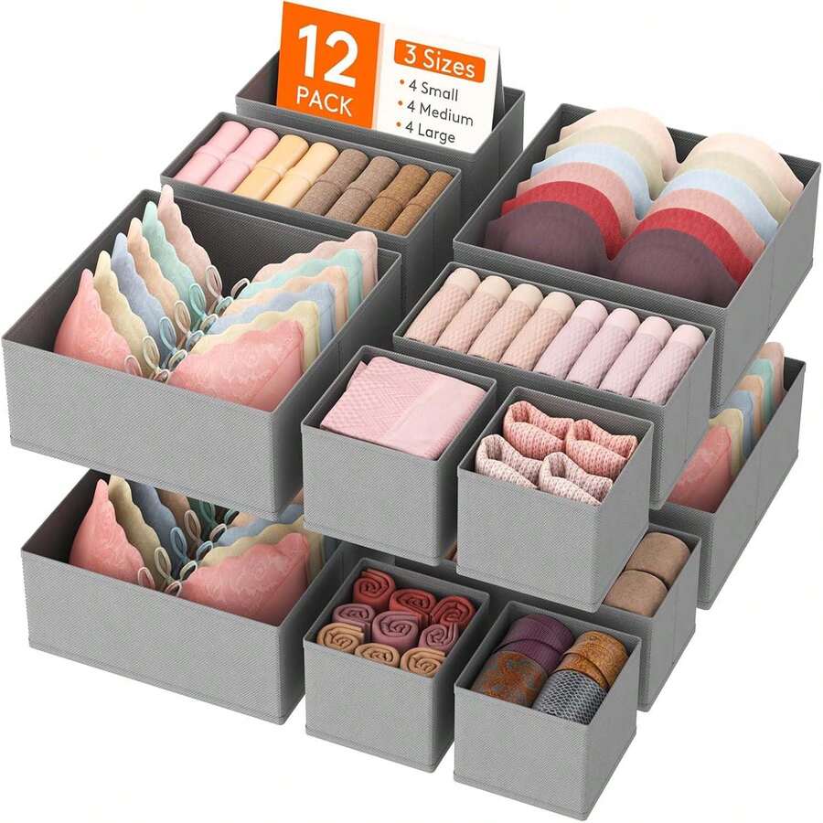 12 件装抽屉整理器、梳妆台内衣抽屉整理器、可折叠布艺衣柜整理器、储物抽屉隔板、宿舍必需品衣服、袜子、毛巾、领带浅灰色 - 灰色 - 查看 1