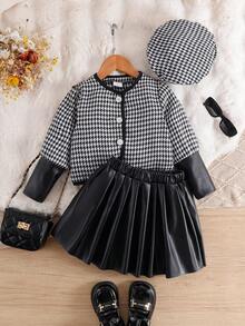 Infant/Toddler Girls 3pcs Set: Plaid Rose Button Detail Fashion Skirt, Beret Hat, Versatile Chic For Daily, Outdoor, School, Vacation, Commute, Spring/Autumn