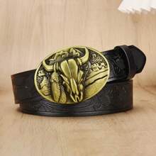 1 件波西米亚西部风格字母压花金属扣复古棕色 PU 皮带秋季、秋季、万圣节秋冬配饰，适合青少年、青年、男士、休闲、户外、运动、度假、毕业礼物、生日、日常穿着 - 黑色 - 查看 3