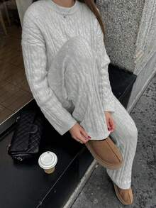 New Autumn Women Knit Set: Loose Elegant Solid Color Round Neck Loose Cable Knit Drop Shoulder Long Sleeve Pullover Sweater, Paired With Wide Leg Drawstring Waist Knit Pants - Light Grey - View 4