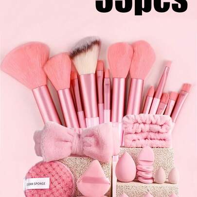 33件套化妆刷套装（含束口袋），包含粉扑、化妆海绵、腮红刷、粉底刷、眼影刷、轮廓刷、眼影刷、软毛刷、腮红刷，专业化妆刷套装，女士化妆刷套装，洗脸刷套装，化妆刷套装，全套化妆刷套装，化妆刷套装，化妆刷礼盒套装
