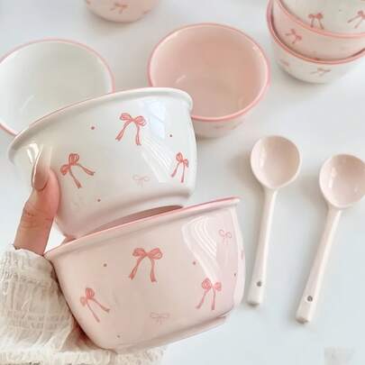 4pcs Ceramic Bowl Set With Bow Pattern - Includes 2 Bowls And Spoons, Dishwasher Friendly, Suitable For Cereal, Soup, Salad, Breakfast, Yogurt, Dessert And Ice Cream - Pink