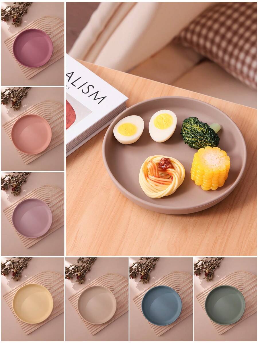 PopLittleOne 1pc Baby Silicone Tableware Round Shape Suction Baby Plate Feeding Training Baby Dishes Solid Color Baby Food Storage - Multicolor - View 1