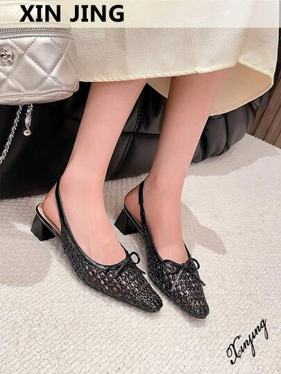 Xin Jing Shoes 女式高跟方头蝴蝶结编织时尚百搭踝带粗跟浅口鞋