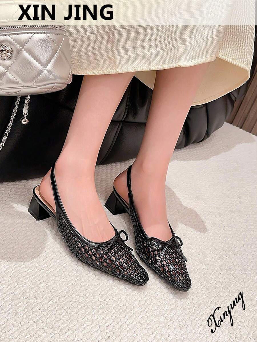 Xin Jing Shoes 女式高跟方头蝴蝶结编织时尚百搭踝带粗跟浅口鞋