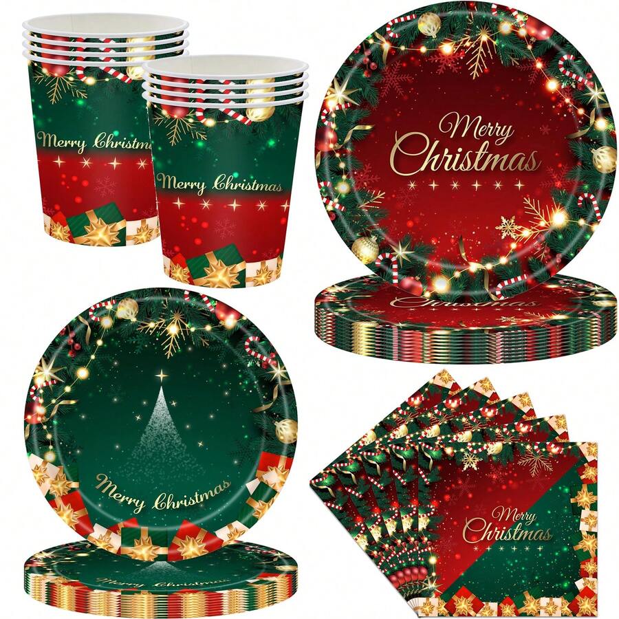 10pcs/20pcs/50pcs/Set Christmas Party Tableware Set - Serves 10 Guests, Includes 9-Inch And 7-Inch Disposable Paper Plates, Napkins, Cups - Ideal For Christmas, Birthday Parties, Baby Showers, Dining Table Decor - Multicolor - View 1