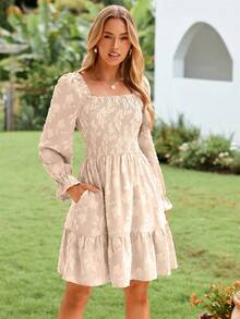 Women's Square Neck Long Sleeve Smocked Dress Fall Swing Ruffle Party Wedding Guest Mini Dress - Màu be - Xem 4