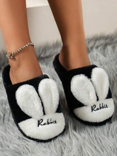 2025 New Rabbit Head Couple Women's Flat Indoor Home Warm Plush Slippers, Korean Style, Autumn/Winter