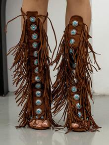 女士及膝高筒靴流苏系带凉鞋露趾系带流苏高跟鞋适合盛装夏季节日鞋 - 棕色 - 查看 3
