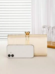 Women's Evening Clutch Bag, Bride Wedding Gold Satin Fashion Metal V-Shaped Decoration Wallet, Detachable Metal Chain Shoulder Bag For Wedding Party, Multi-Function Shiny Handbag For Cocktail Party Wedding Purse