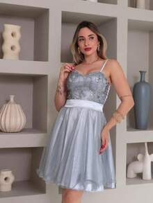 Short Party Dress With Shiny Lace Straps - Silver - View 6