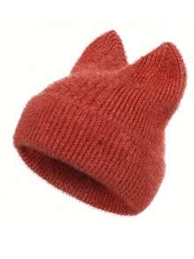 Gestrickte Mütze für Damen mit niedlichen Katzenohren, warmer Beanie, dehnbare Strickkomposition, lässige Outdoor-Mode, einfarbig, Polyester, Herbst/Winter