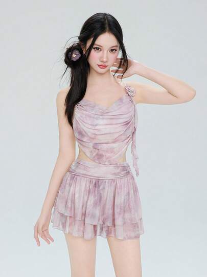 水着 レディース 3点セット（トップ+ショーツ+ミニスカート） 透け感 体型カバー シースルーレース 花柄 パット付き キレイめ ゆったり ファッション オシャレ 美しい エレガント 海水浴 水泳 温泉 プール リゾート