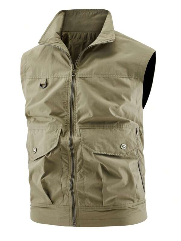 Men's Summer Zipper Multi-Pocket Fishing Vest, Solid Color Sleeveless Outdoor Work Utility Waistcoat