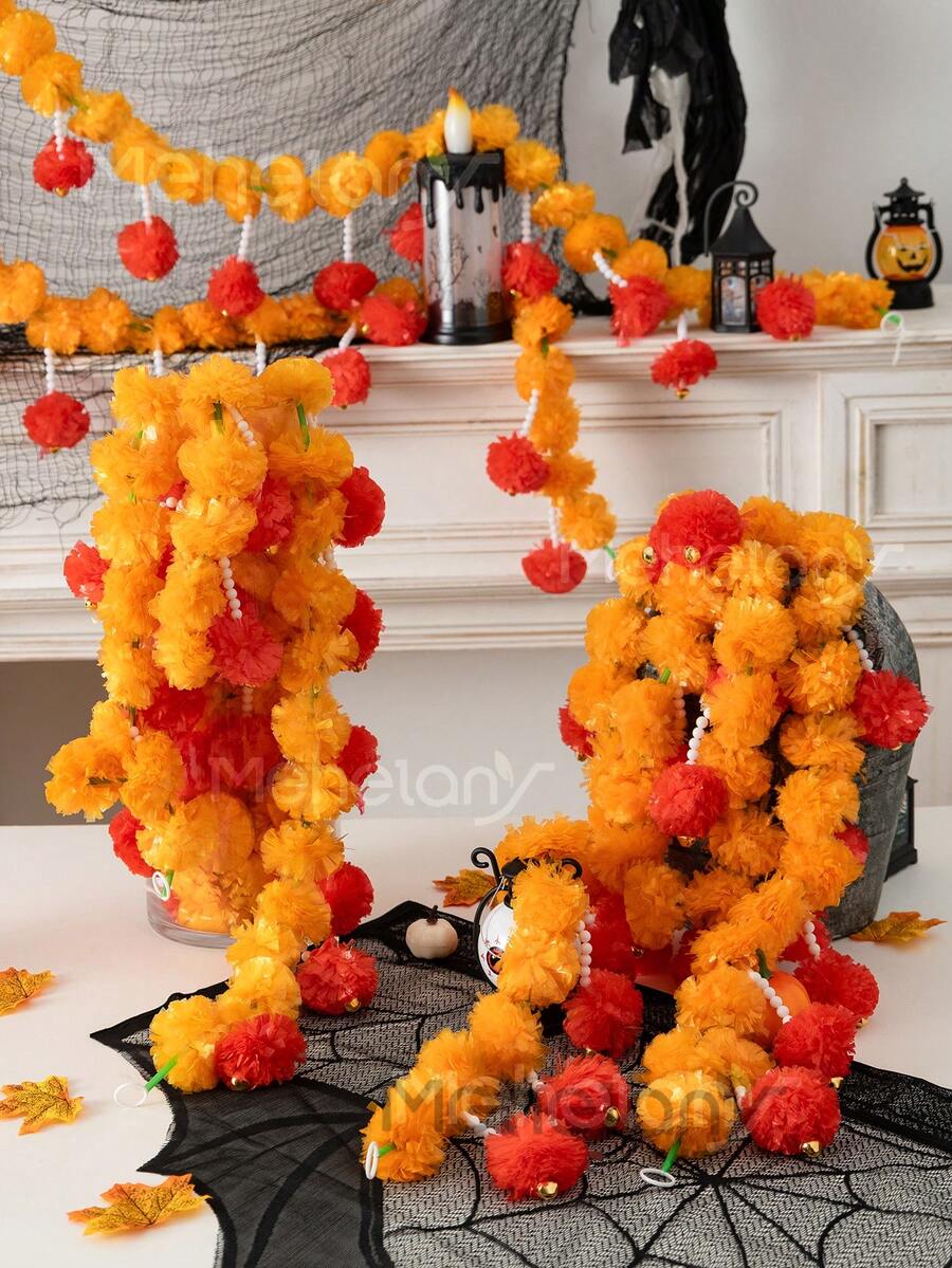 MEHELANY 1条 - 4.6英尺橙色人造万寿菊花环，人造万寿菊传统装饰长花环，适用于万圣节、婚礼、排灯节、派对、壁炉装饰，人造花环也适用于圣诞节、秋季节日、秋季花卉装饰 - 黃紅 - 查看 1