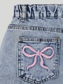 Y2K 女童休闲牛仔裤，复古水洗宽松直筒裤，松紧腰带，返校街头风，蝴蝶刺绣 - 藍白色 - 查看 10