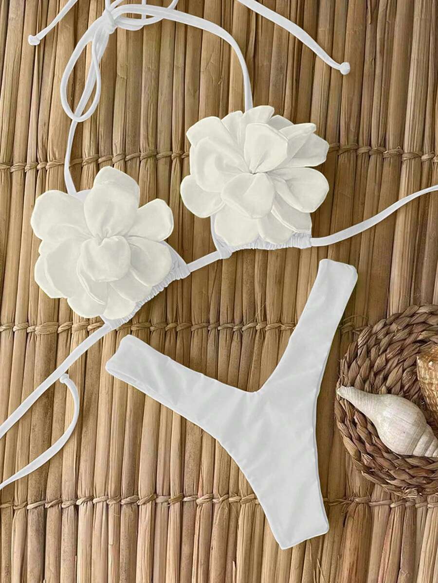 Bộ bikini Polovedo chính hãng, hàng mới về mùa Xuân/Hè, kiểu dáng gợi cảm, thanh lịch, màu trắng trơn họa tiết hoa, dành cho nữ, thích hợp đi biển, nghỉ mát hoặc hẹn hò. - trắng - Xem 1