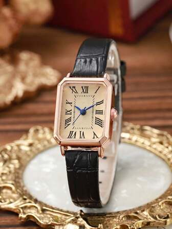 1pc Classic Square Retro Quartz Men's Wristwatch With Black Strap, Business Style Holiday Gift Special Selection, Single Piece Without Box