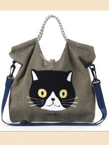 新款卡通猫刺绣大容量斜挎包，女士时尚手提包 - 彩色 - 查看 9