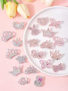 20pcs Random Pink & White Cute Rhinestone Hollow Non-Woven Fabric Hair Clips, Elegant Sparkling Side Bangs Clips, Suitable For Girls Daily, Party, Outing, Including Crown, Rabbit, Heart, Butterfly, Bow Designs, Dreamy Pink & White Color Scheme, Create Fairy Tale Style For Girls - Multicolor - View 7