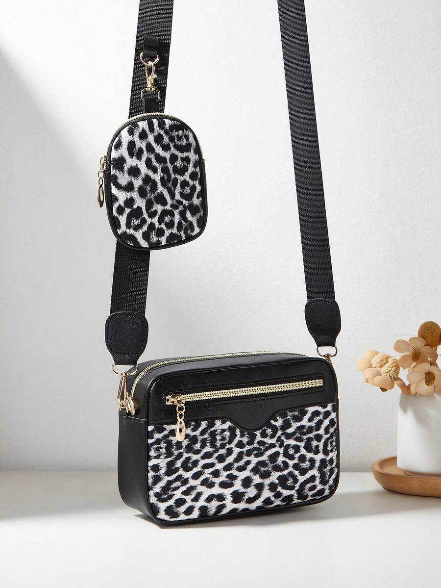 1 pieza Bolso pequeño para niñas con patrón de olas y letras en relieve, billetera para teléfono y monedero - Leopardo blanco y negro - Ver 1