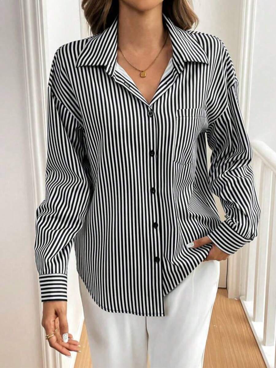 Blusa de manga larga con cuello a rayas y dobladillo regular para mujer talla grande, con detalle de nudo, de tela sin estiramiento