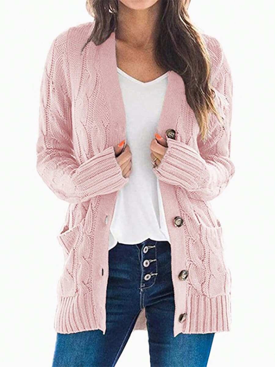 Women Long Sleeve Knit Cardigans Button Closure Solid Fall Casual Sweater Jacket With Pockets - Pink - View 1